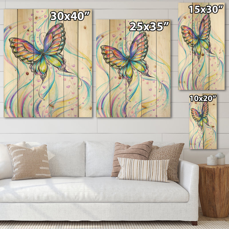Papillon iridiscent - reproduction traditionnelle sur bois de pin naturel, H 30 po x l 15 po x P 0,78 po