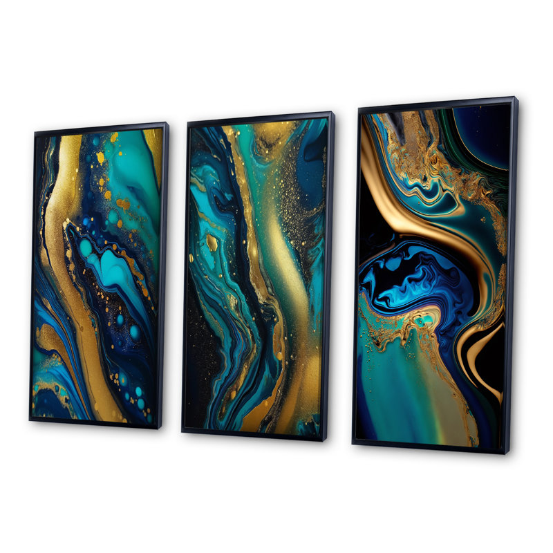 Blue Dreams Liquid Gold And Turquoise Marble I - Abstract Painting Art Set Of 3 Pieces, Cadre noir, H 20 po x l 36 po