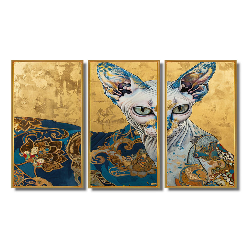 Khari - Cat Wall Art Set, Gold Floater Framed, 28" H x 36" W x 1" D