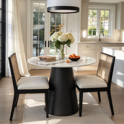 2-4 Person Round Sintered Stone Dining Breakfast Bistro Table with Matte Black Tapered Metal Base