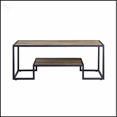 Table basse rectangulaire avec tablette à 1 niveau, finition chêne rustique et structure en métal robuste pour les salons modernes