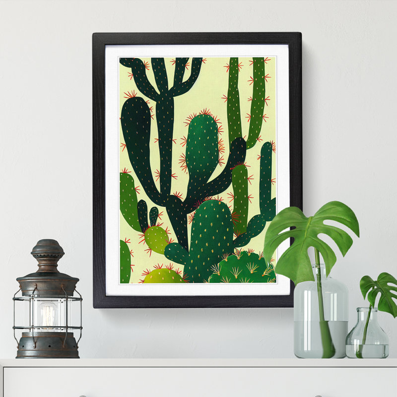 FRM-V0523-330X Cactus Cacti Boho - Single Picture Frame Print, Black Framed, 64cm H x 46cm W x 2cm D
