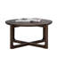 Table de salon style transitionnel 36 po avec table à tréteaux et plateau en bois avec finition noyer foncé brossé et salon principal