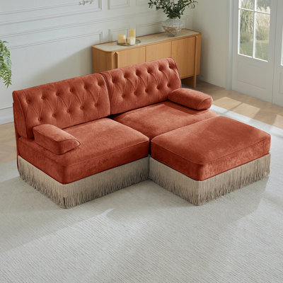 L-Shaped Breathable Comfort Velvet Fabric,Tassel Skirt Chesterfield Sofa ,Free Combination,Slightly Curved Square Armrests,Premium Wooden Base ,Easy To Assemble,For Living Room,Bedroom,Red Brown