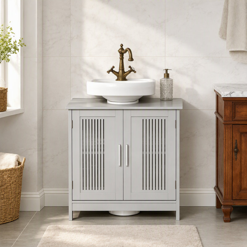 Organisateur de rangement de salle de bain, armoire de salle de bain, meuble de rangement sous piédestal, Gris