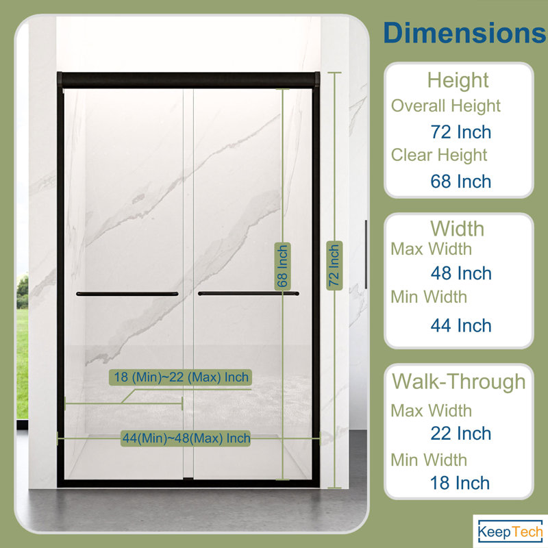 KeepTech Semi-Frameless Double Sliding Shower Door, 44"-48"W x 72"H, 1/4" (6mm) SGCC Tempered Glass, , Chrome