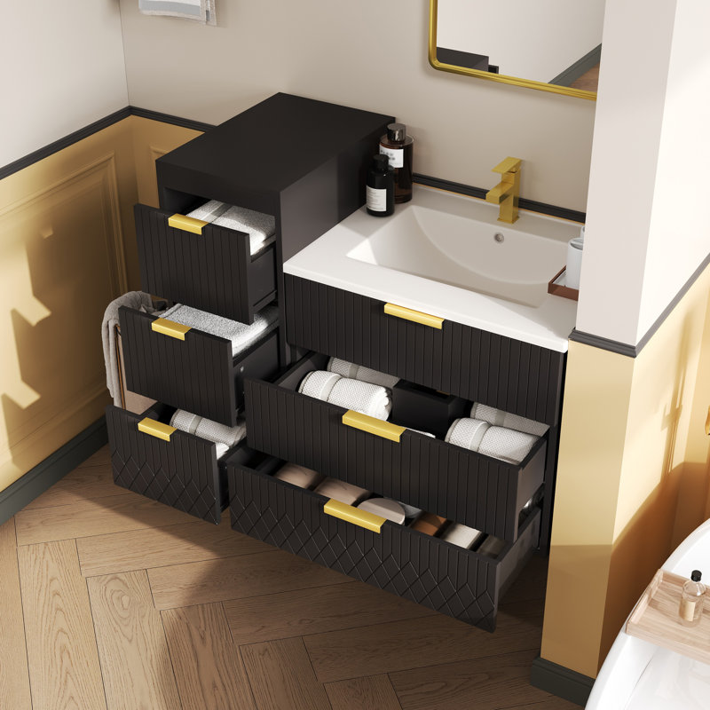 Meuble-lavabo mural moderne de 24 po avec lavabo en céramique et rangement spacieux Kaede, Noir
