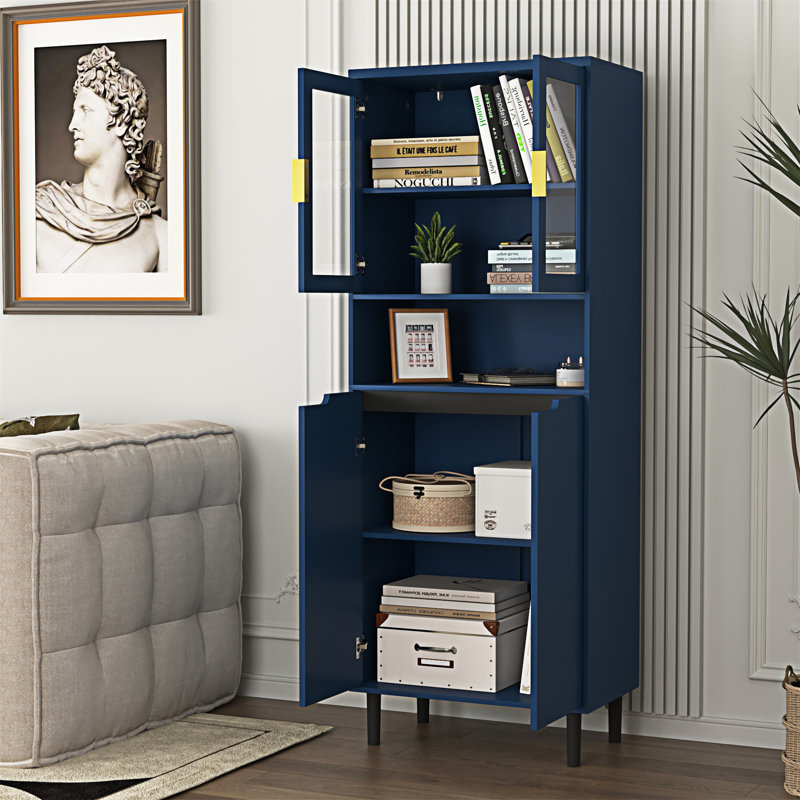 Tall Blue Lockable Bathroom Storage Cabinet with Glass Doors