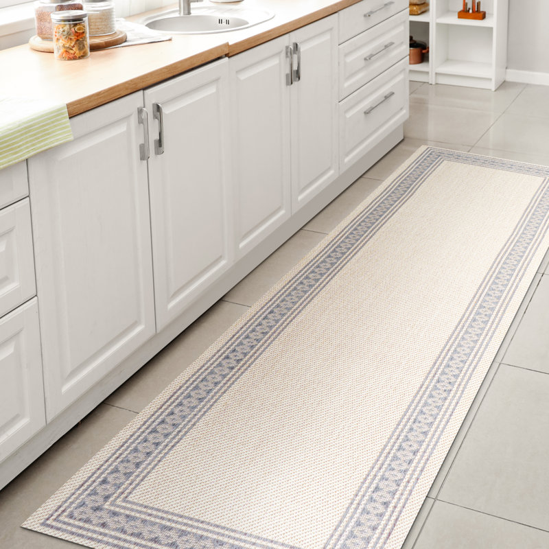 Clarktown Classic Diamond Border Cream/Blue Indoor/Outdoor Rug, Runner 2' x 8'