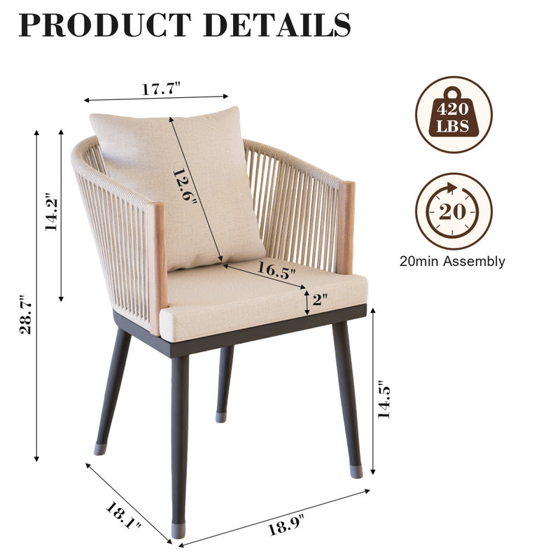 Meissalivve Dining Chairs Set Of 4, Curved Back Dining Room Chairs With Removable Cushions, Kitchen Chair With Boho Woven Rope Backrest, Outdoor Patio Dining Chairs, Beige