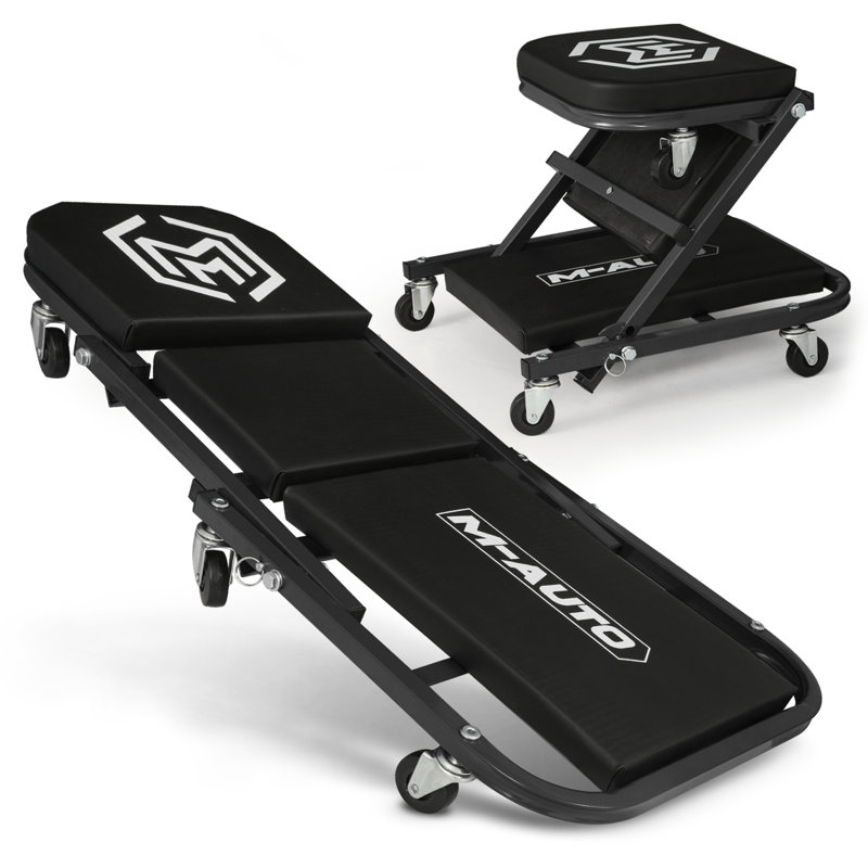 36" 2 In 1 Folding Rolling Car Creeper Seat With Casters, Foldable Mechanic Creeper, 330Lbs Capacity, Black
