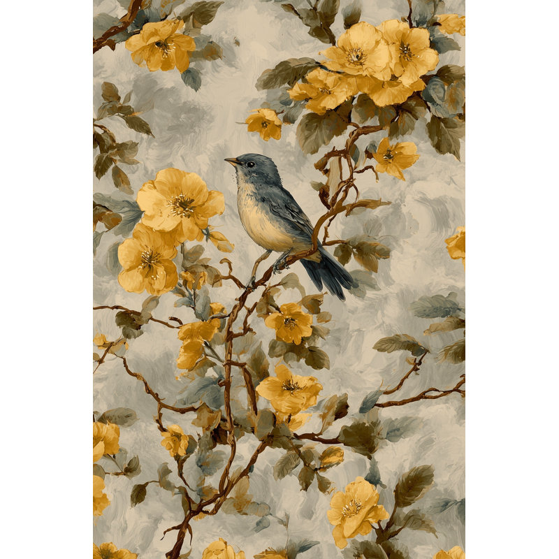 Papier peint floral, décoration murale oiseau rétro