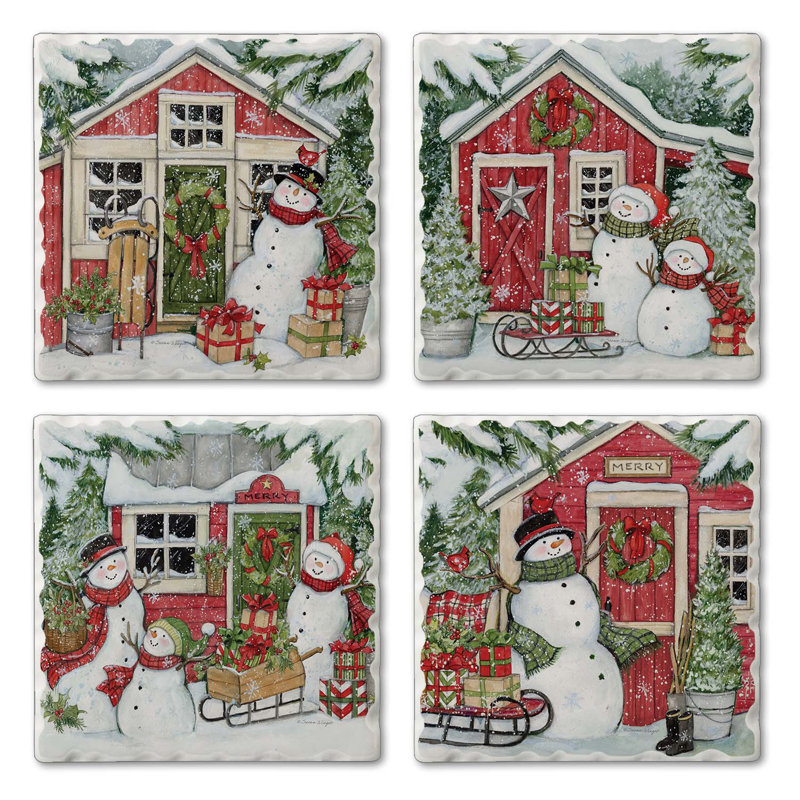 Ensemble de 4 sous-verres à carreaux dégringolés Snowman's Farmhouse