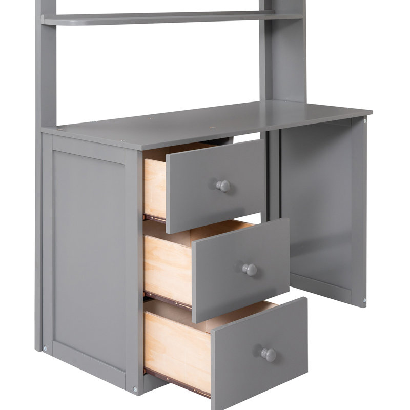 Lit mezzanine simple gris avec tiroirs de rangement, bureau et garde-robe. Bois massif. Optimisez l'espace. Aucune boîte de tiroir de fondation, étude de la fabrication en bois pour la longévité. Utilisation dans la chambre à coucher. Boîte