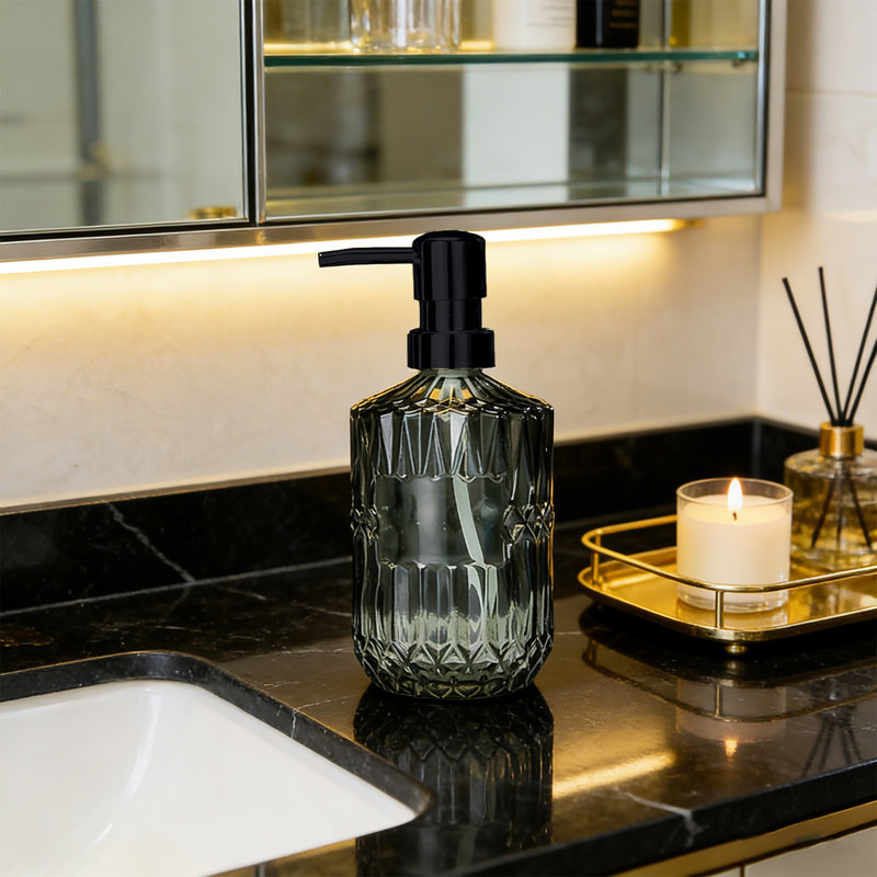 Bouteille d'eau, distributeur de savon en verre, pompe rechargeable, bouteille de lavage à la main Luxurys, Noir