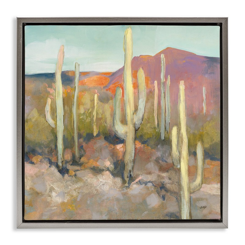 Paysage de désert de cactus doux, Cadre flottant gris lustré, H 25 po x l 25 po