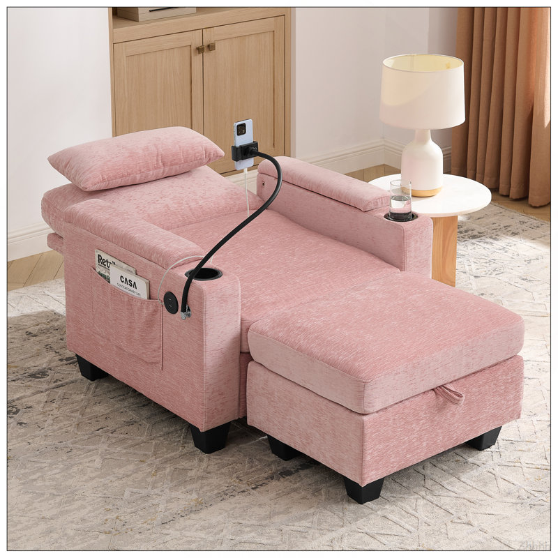 Single sofa recliner with manually adjustable backrest, USB charging port on the armrest side, phone stand included, hidden armrest storage, and a matching storage ottoman-Grey