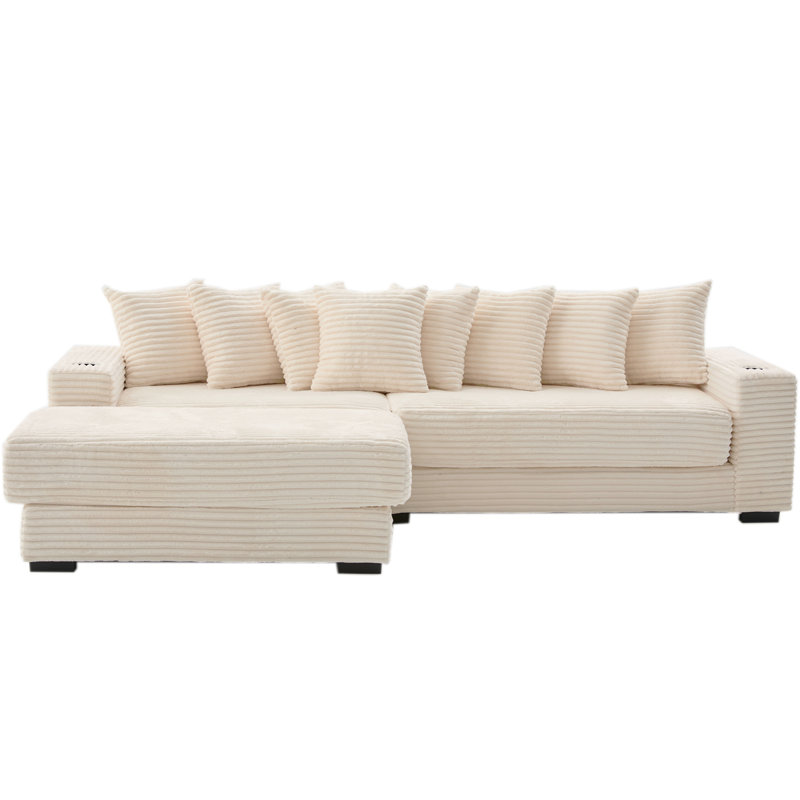 Canapé modulaire en L 110,75 po, canapé modulaire en velours côtelé, avec repose-pieds mobile, porte-gobelets, 8 coussins décoratifs, poche latérale, déplier dans un lit, beige