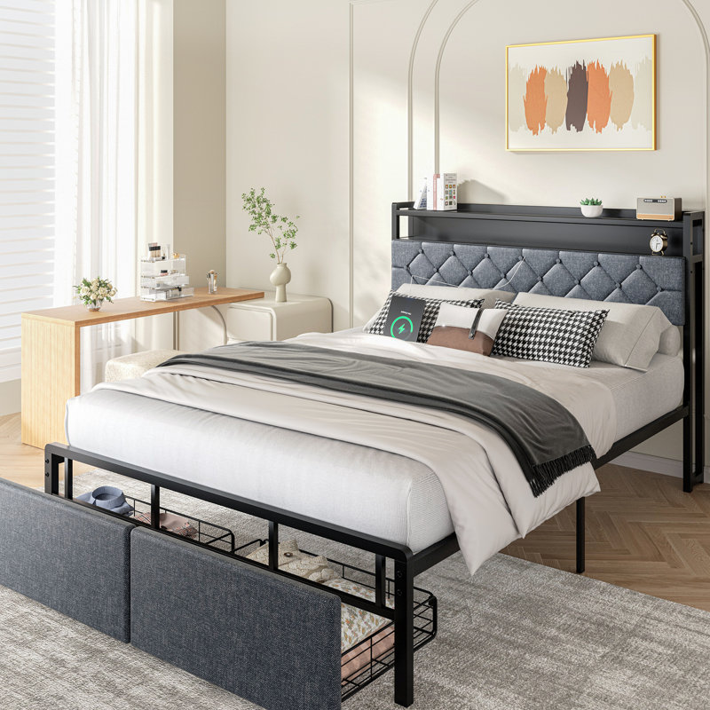 Jeshaiah Upholstered Platform Bed with Two Drawers and Power Strip, Full