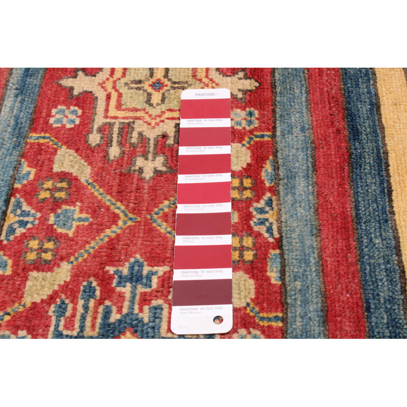 Tapis rouge en laine noué à la main de conception unique 6 pi 11 po x 10 pi 1 po New Age