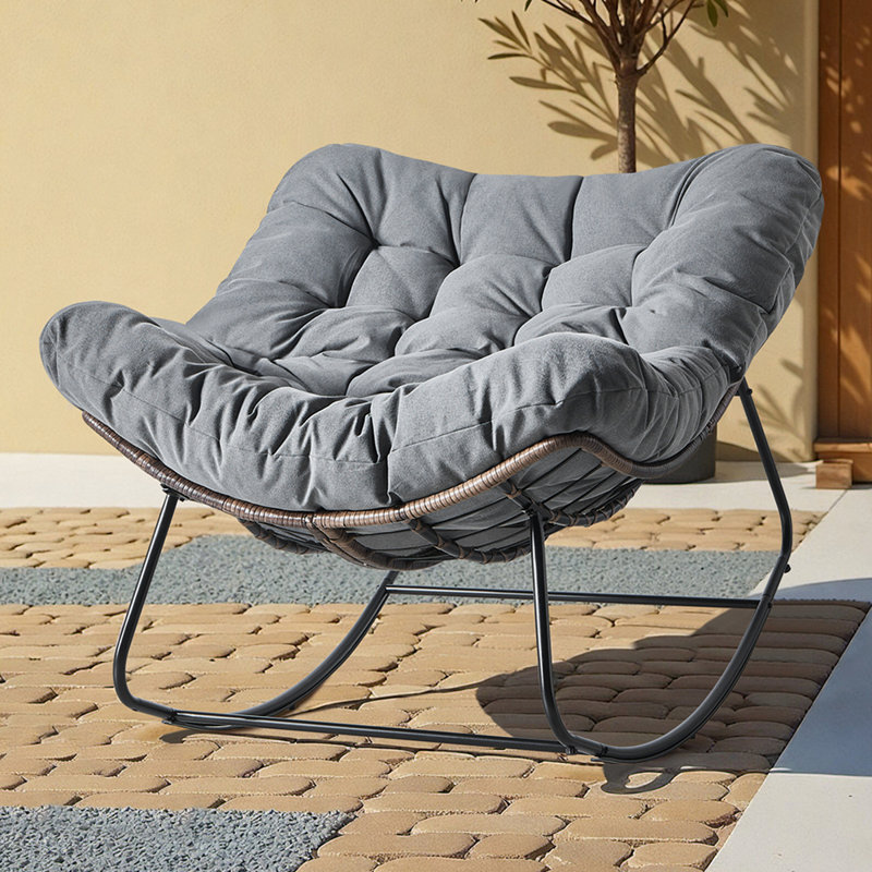 Chaise berçante intérieure et extérieure, chaise berçante Papasan revêtue en E avec coussin, chaise berçante surdimensionnée pour l'intérieur, l'extérieur, porche, jardin, cour, gris
