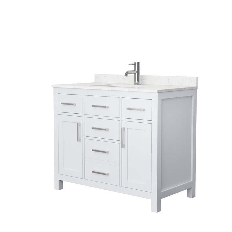 Meuble-lavabo simple autoportant de 42 po avec plateau en marbre Beckett, Blanc, Nickel brossé, Marbre de culture de Carrare