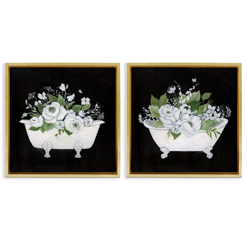 «Inviting Magnolia Clawfoot Tub», ensemble de 2 toiles flottantes encadrées par Janet Tava, Cadre flottant métallique doré