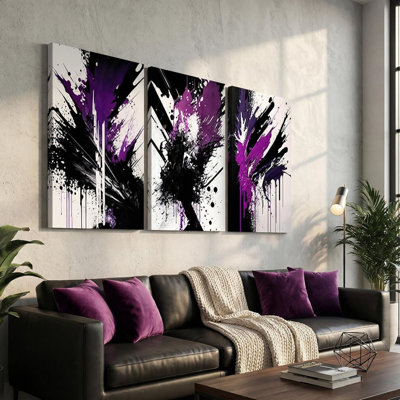 3Pcs Black Purple Abstract Canvas Wall Art Neutral Ink Splash Wall Decor Pictures Modern Graffiti Posters Prints Paintings For Living Room Bedroom Home Office Decorate Prepare To Hang