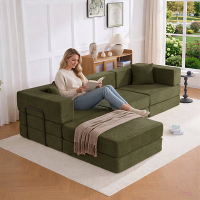 118" Corduroy Modular Sectional Sofa with Fixed-Shape Frame & Pillows, Convertible L-Shape Free Combined Sleeper Sofa Bed, Floor Couch for Living Room, No Assembly Required
