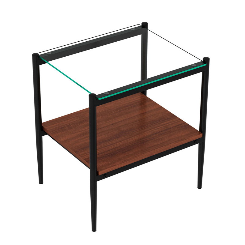 Set of 2 Rectangle End Table, Tempered Glass Tabletop with MDF layer, Glass, Transparent, Black/Brown
