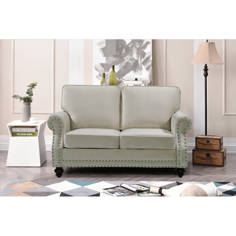 Hananiah Velvet Sofa, Beige, 37.4" H x 61.42" W x 33.9" D