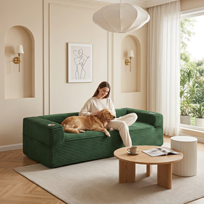 Canapé moderne sans os de 234 cm de large, en velours côtelé comprimé, avec porte-gobelets et rangement.