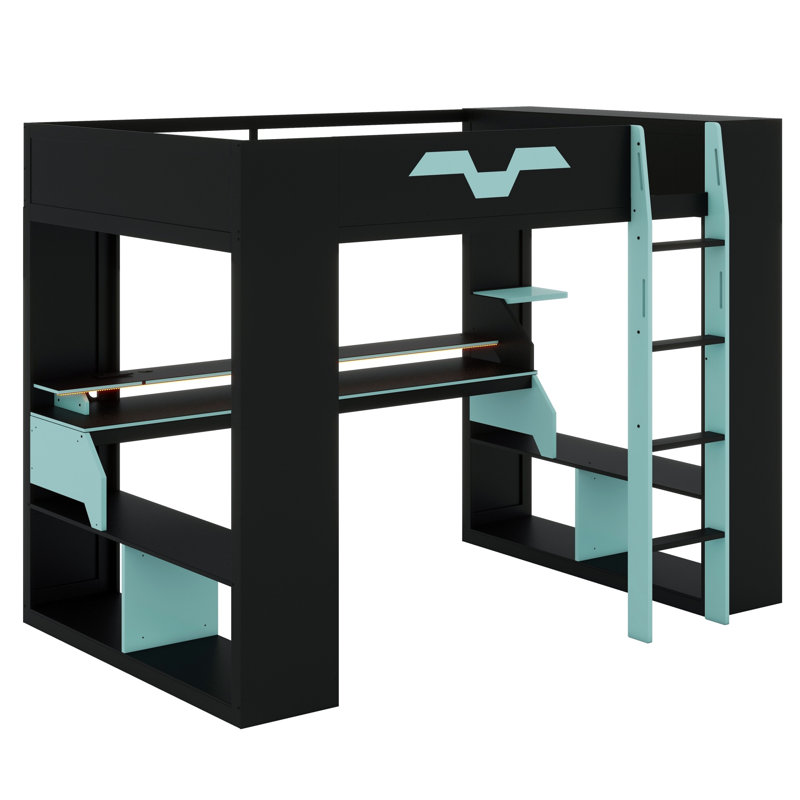 Contemporary Wood Loft Bed with USB/Type-C Ports, Power Outlet & RGB Lights, Blue