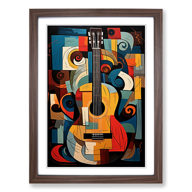XYZ-FRM-V1223-1750 Acoustic Guitar Dadaism - Single Picture Frame Print on Wood, Walnut, 34cm H x 25cm W x 2cm D