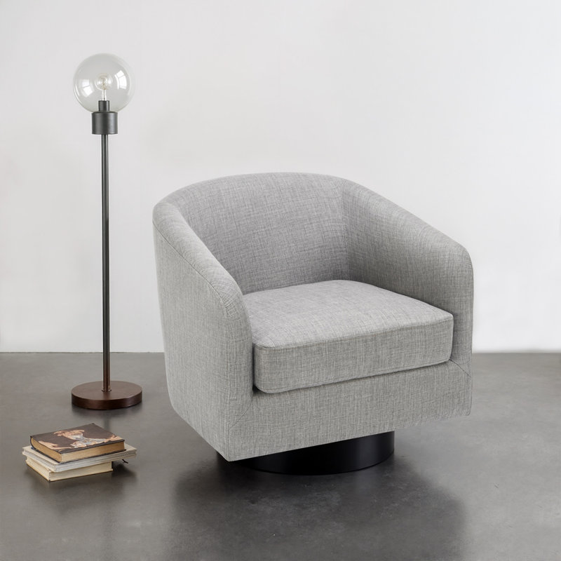 Applewold Upholstered Light Gray Cotton Blend Swivel Barrel Chair with Solid Wood Base, Light Gray Fabric