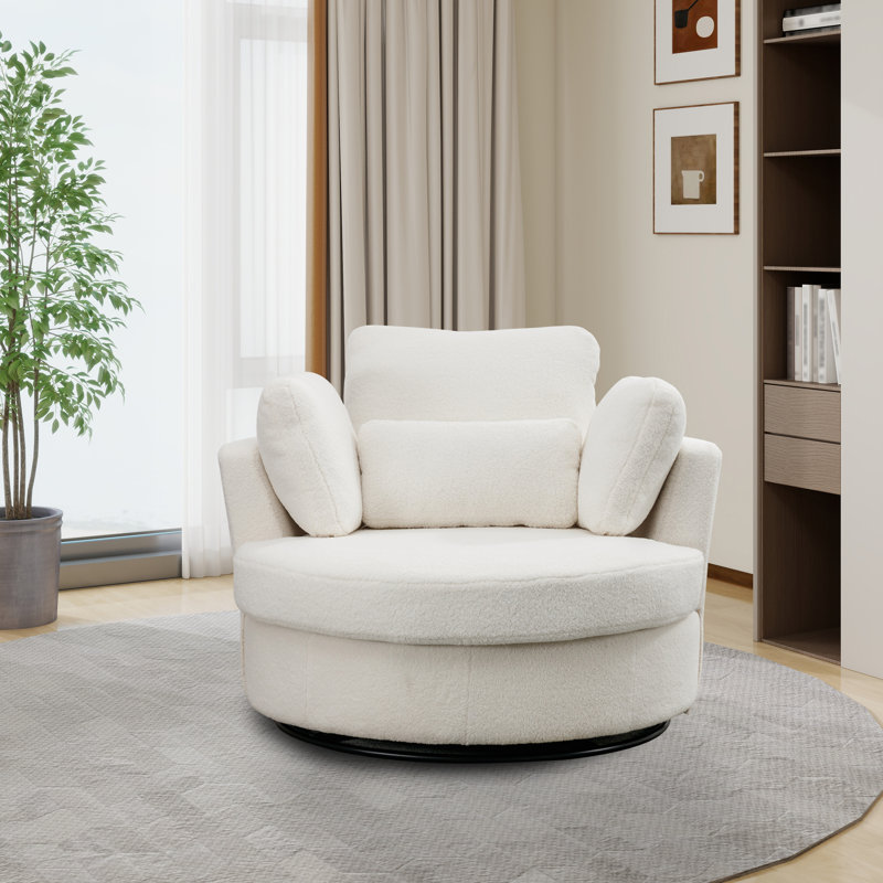 50" W Dahlonega Slipcovered Swivel Barrel Chair, Ivory Polyester, 34.6'' H x 50'' W x 47'' D