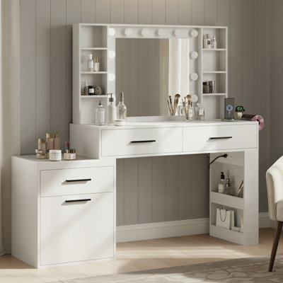 Modern Vanity Table with LED Mirror, Touch Light, Power Outlet & Storage Drawers for Bedroom or Dressing Room by Latitude Run