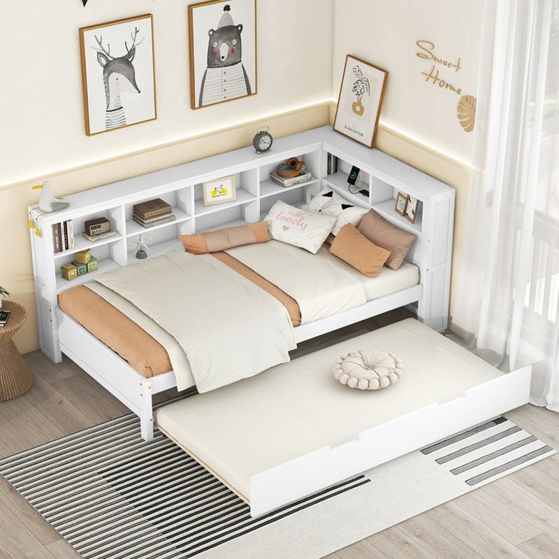 Lit de jour en bois simple avec lit gigogne simple, Lit simple, Blanc