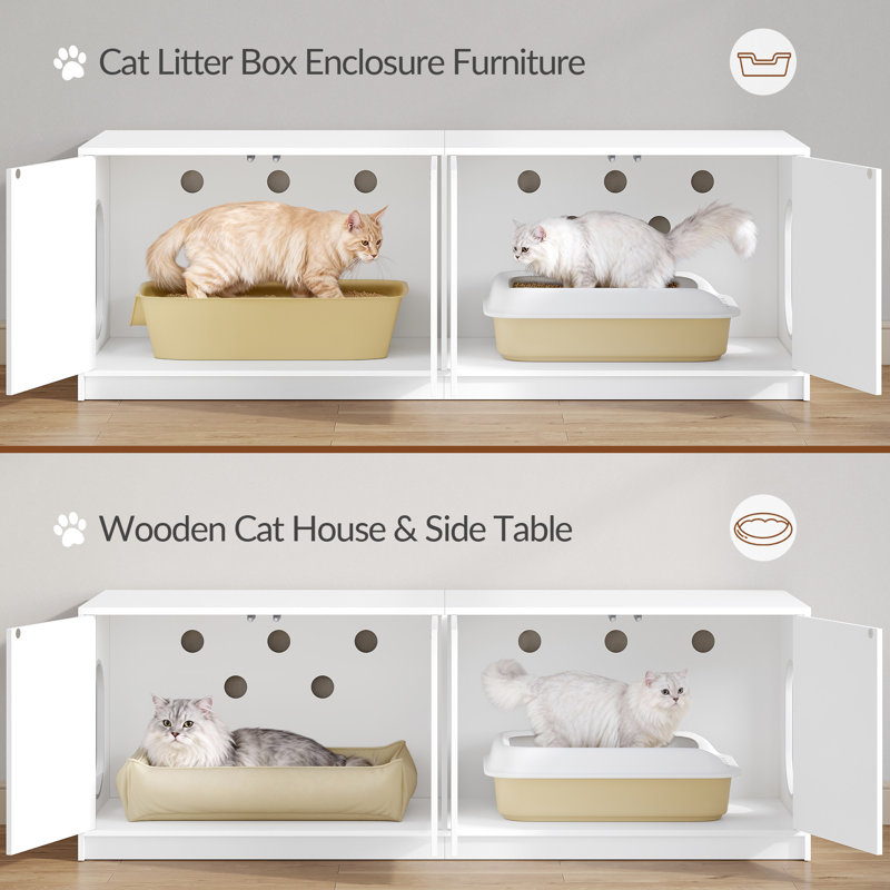 Cat Litter Box Enclosure, Hidden Litter Box Furniture with Push-to-Open Doors & Ventilation Holes, Wooden Cat House, Minimalist, Living Room, Bedroom, White 
