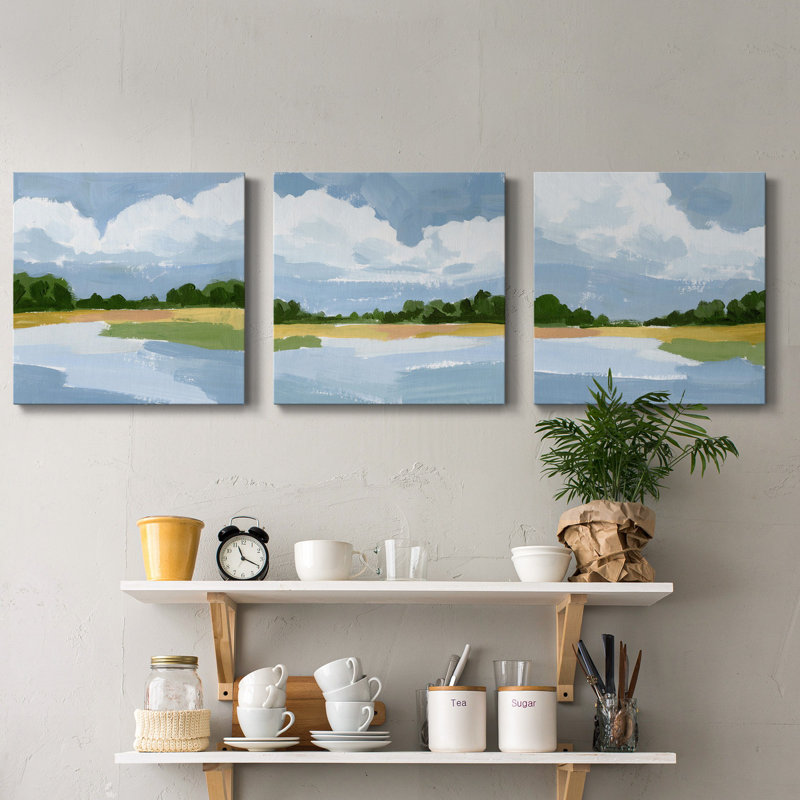 Lakeside Study III - Ensemble de 3 peintures sur toile tendue, H 40 po x l 80 po x P 1 po