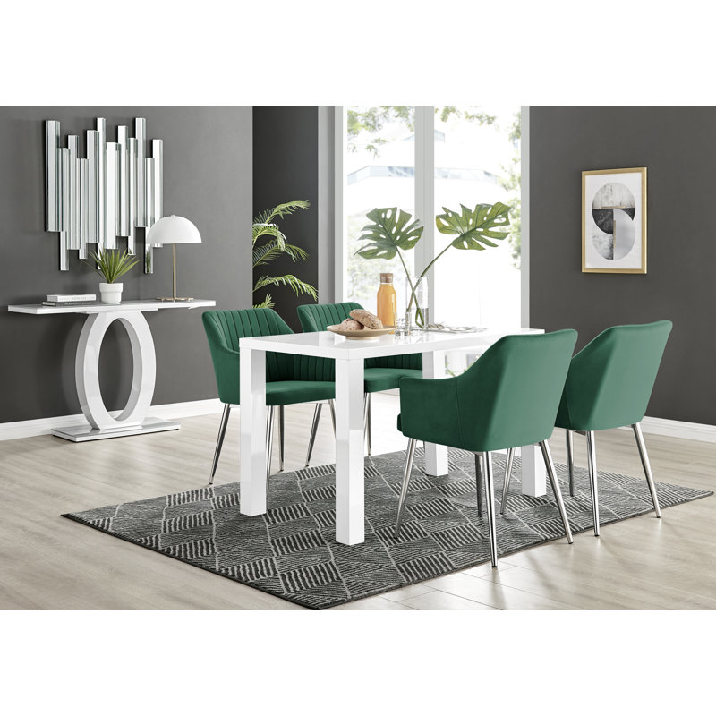 4 - Person Dining Set, White, Green/Silver
