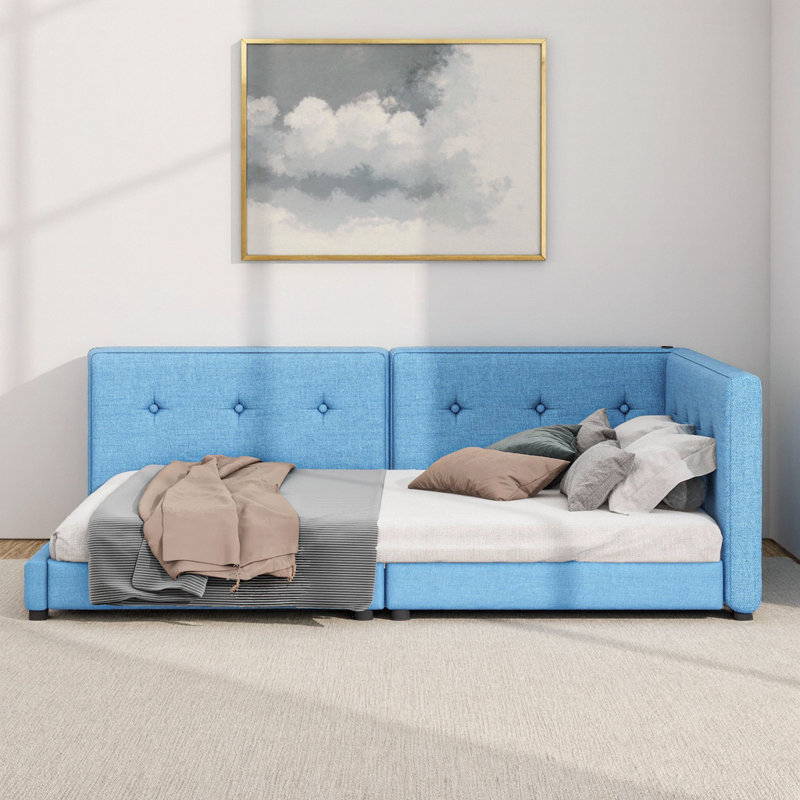 Grand lit plateforme tapissier bleu avec ports USB - élégance moderne, Grand lit, Bleu