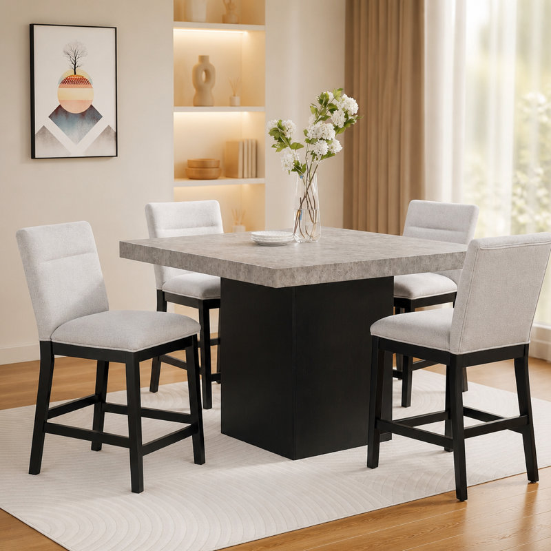 Ensemble de salle à manger 5 pièces avec table carrée gris vieilli et piètement foncé, chaises rembourrées pour salles à manger modernes