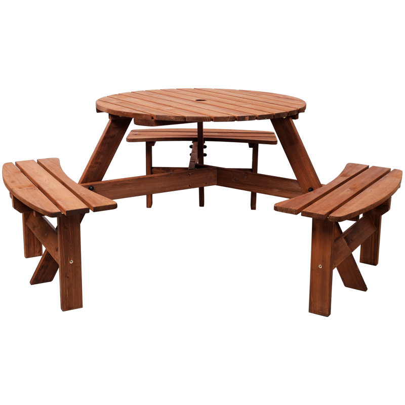 Table de pique-nique pour 6 personnes, table ronde en bois pour le patio, 3 bancs, trou pour parasol, plateau de table de 35 pouces, bords arrondis lisses intégrés, brun