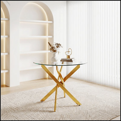Table de salle à manger ronde en verre trempé avec pieds dorés, compacte et durable pour les cuisines et les salles à manger modernes
