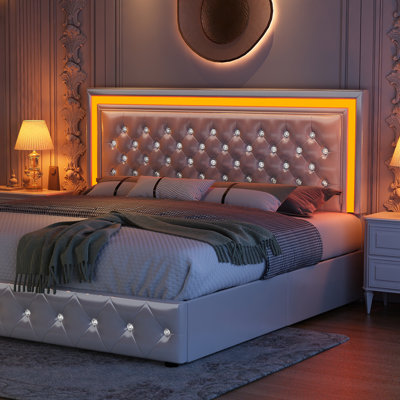Modern Upholstered Platform Bed Frame With Storage Drawers And Led Lights