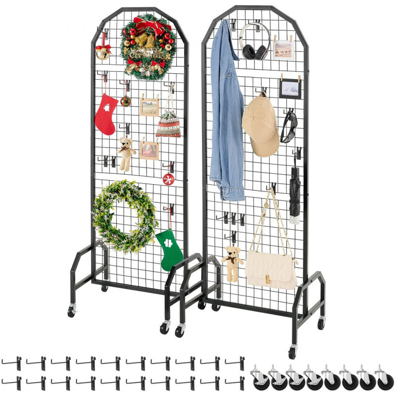 Panneaux muraux quadrillés, support d'affichage à panneaux grillagés 1,9 x 5,4 pi, tablette mobile avec roulettes et 20 crochets, mur grillagé en acier au carbone noir pour salon d'artisanat, décoration, rangement, tableau d'affichage