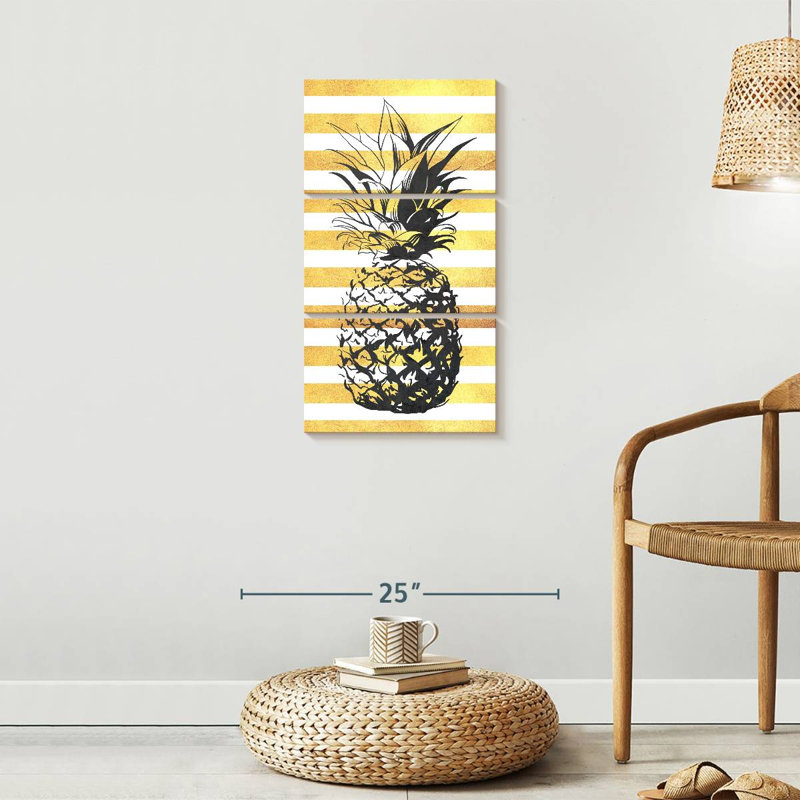 Ananas à rayures dorées 3 pièces, H 32 po x l 15 po x P 1,25 po
