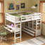 Lit mezzanine double avec bureau intégré, tiroirs et tablettes de rangement, lit station de travail en bois massif pour enfants, adolescents et adultes, blanc