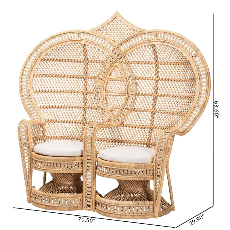 Handcrafted Bohemian Natural Brown Rattan Two-Seater Peacock Chair